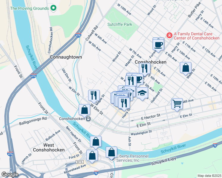 map of restaurants, bars, coffee shops, grocery stores, and more near 228 Maple Street in Conshohocken