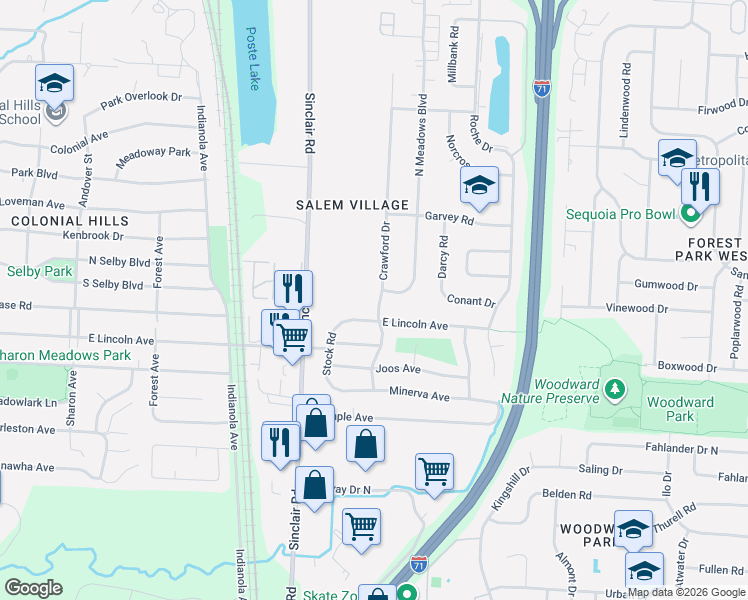 map of restaurants, bars, coffee shops, grocery stores, and more near 5447 Crawford Drive in Columbus