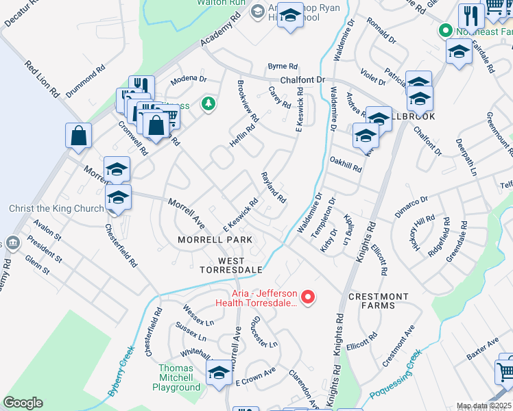 map of restaurants, bars, coffee shops, grocery stores, and more near 10753 E Keswick Rd in Philadelphia
