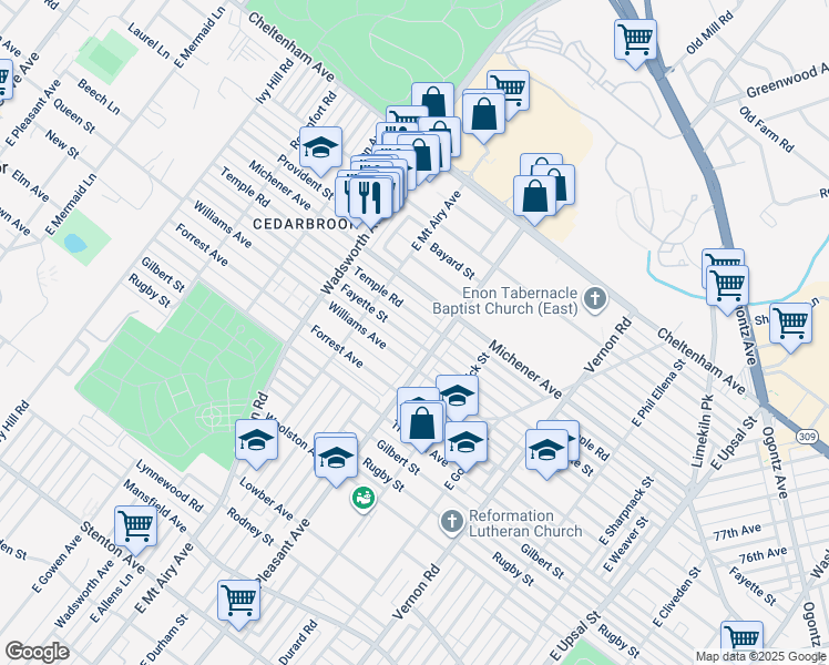 map of restaurants, bars, coffee shops, grocery stores, and more near 8227 Fayette Street in Philadelphia