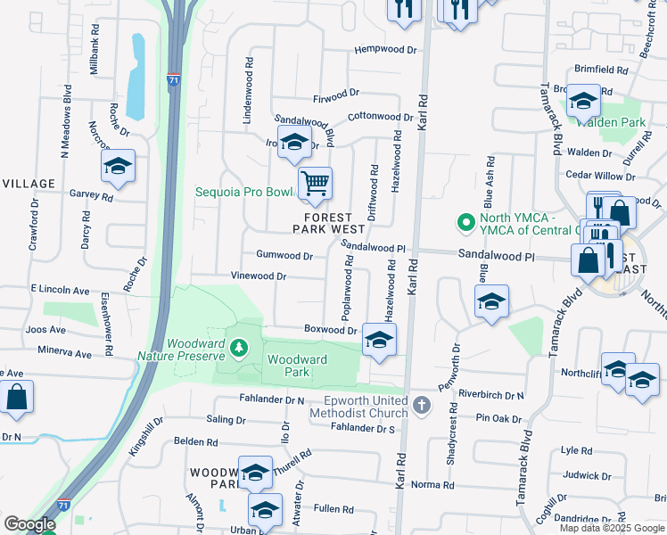 map of restaurants, bars, coffee shops, grocery stores, and more near 5394 Redwood Road in Columbus