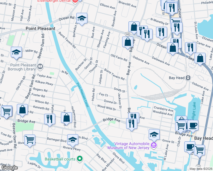map of restaurants, bars, coffee shops, grocery stores, and more near 1409 Joseph Street in Point Pleasant