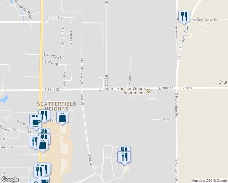 map of restaurants, bars, coffee shops, grocery stores, and more near 2915 East 38th Street in Anderson