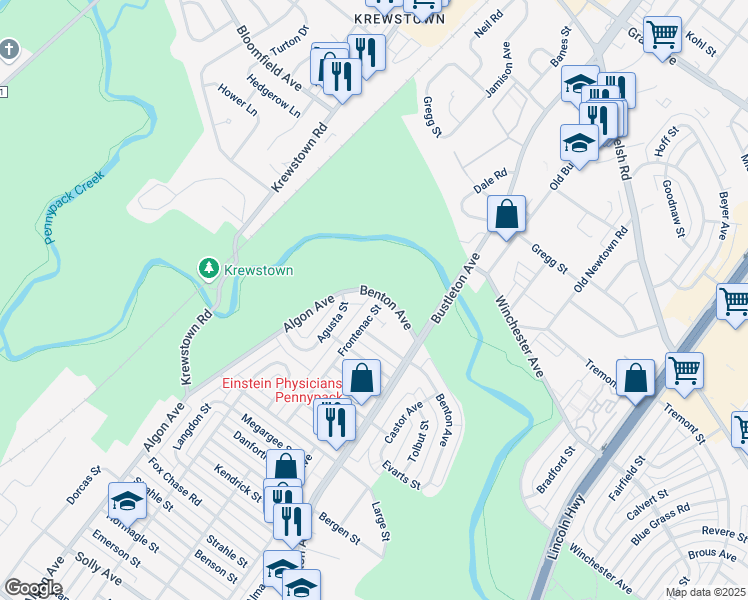 map of restaurants, bars, coffee shops, grocery stores, and more near 8744 Frontenac Street in Philadelphia
