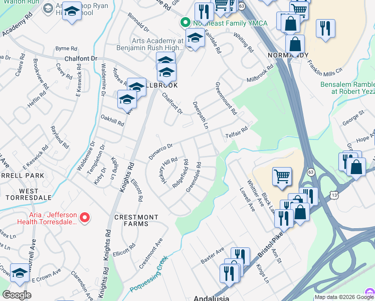 map of restaurants, bars, coffee shops, grocery stores, and more near 257 Dimarco Drive in Philadelphia