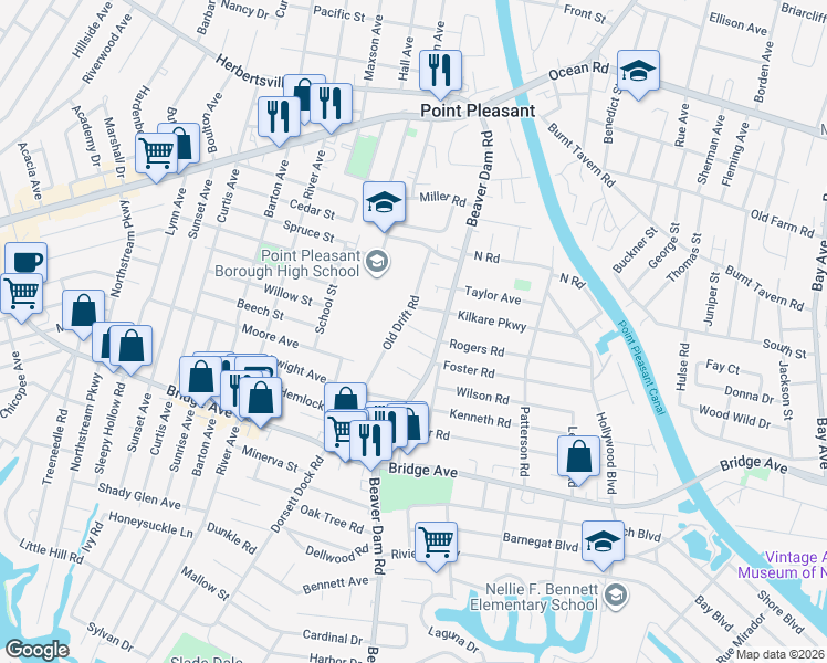 map of restaurants, bars, coffee shops, grocery stores, and more near 2311 Bert Avenue in Point Pleasant