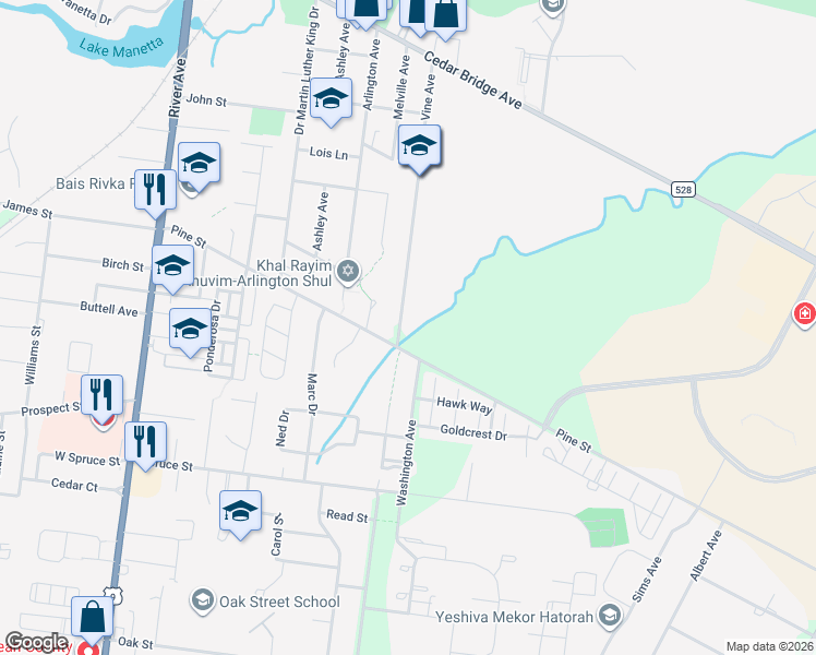 map of restaurants, bars, coffee shops, grocery stores, and more near 238 Vine Avenue in Lakewood Township