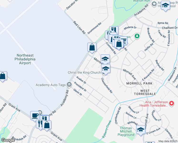 map of restaurants, bars, coffee shops, grocery stores, and more near 9969 Downing Place in Philadelphia