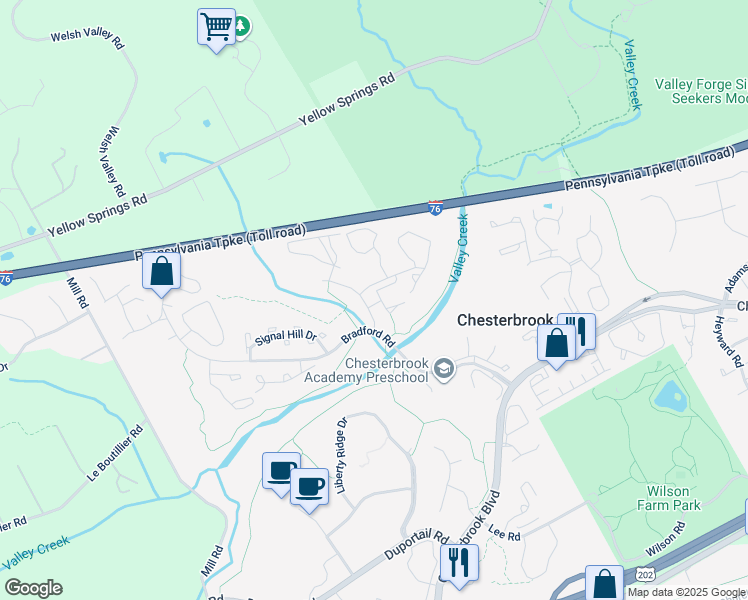 map of restaurants, bars, coffee shops, grocery stores, and more near 4 Rampart Drive in Chesterbrook