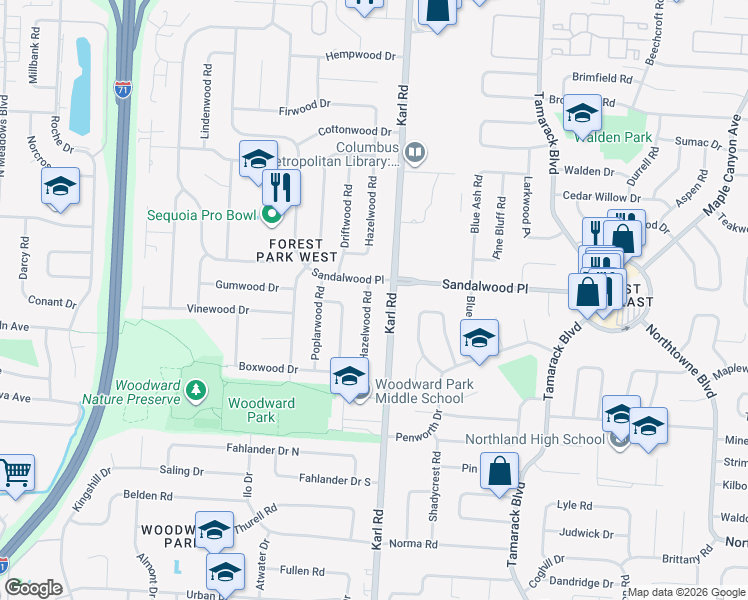 map of restaurants, bars, coffee shops, grocery stores, and more near 1516 Sandalwood Place in Columbus