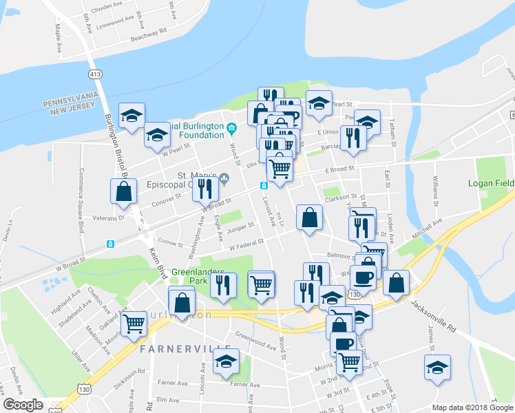 map of restaurants, bars, coffee shops, grocery stores, and more near 415 Wood Street in Burlington