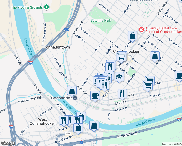 map of restaurants, bars, coffee shops, grocery stores, and more near 204 Maple Street in Conshohocken
