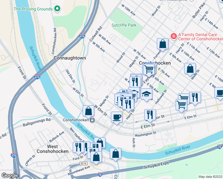 map of restaurants, bars, coffee shops, grocery stores, and more near 204 Maple Street in Conshohocken