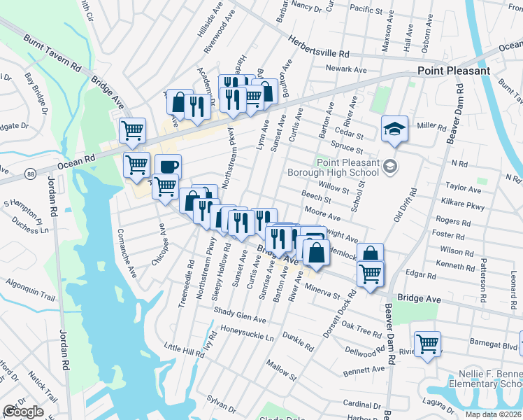 map of restaurants, bars, coffee shops, grocery stores, and more near 1206 Sunset Avenue in Point Pleasant Beach