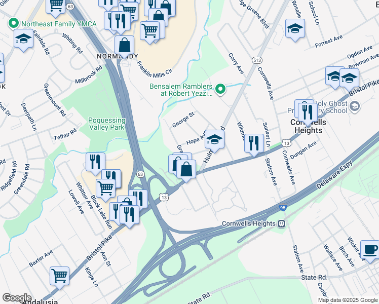 map of restaurants, bars, coffee shops, grocery stores, and more near 1618 Rywal Lane in Bensalem