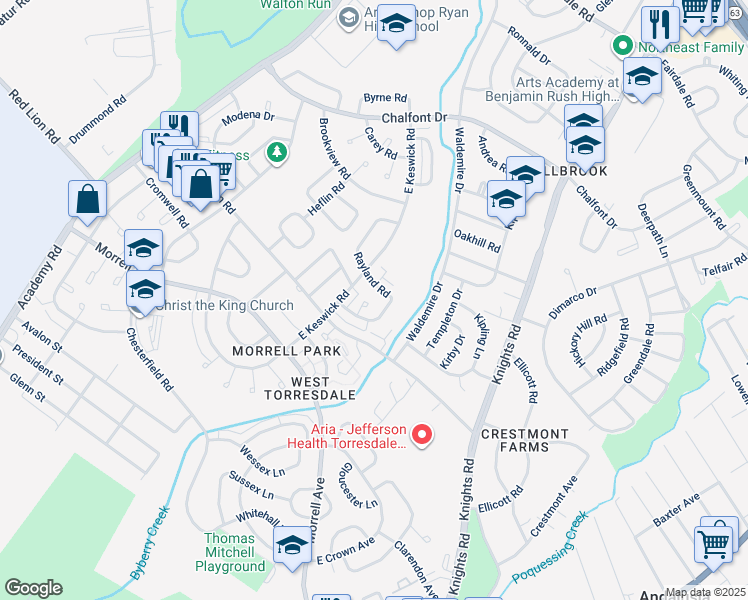 map of restaurants, bars, coffee shops, grocery stores, and more near 10778 Drumore Place in Philadelphia