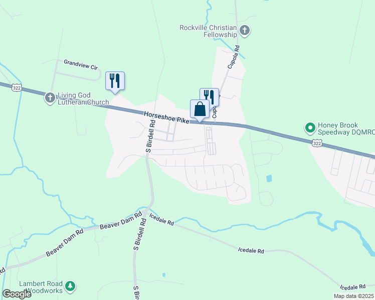 map of restaurants, bars, coffee shops, grocery stores, and more near 110 Azalea Circle in Honey Brook