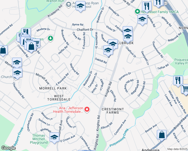 map of restaurants, bars, coffee shops, grocery stores, and more near 10952 Templeton Drive in Philadelphia