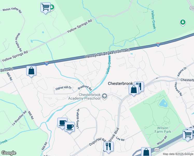 map of restaurants, bars, coffee shops, grocery stores, and more near 307 Valley Stream Lane in Chesterbrook
