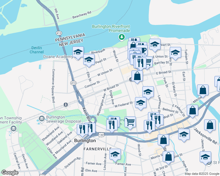 map of restaurants, bars, coffee shops, grocery stores, and more near West Broad Street & Engle Avenue in Burlington