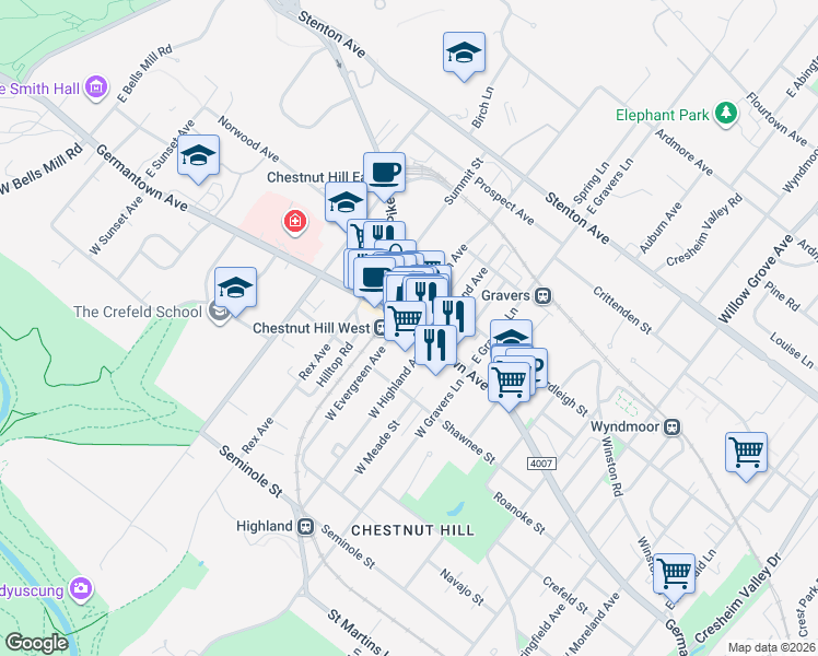 map of restaurants, bars, coffee shops, grocery stores, and more near 183 East Evergreen Avenue in Philadelphia