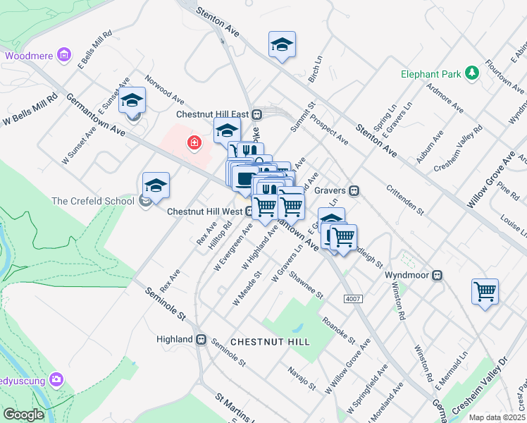 map of restaurants, bars, coffee shops, grocery stores, and more near 8532 Germantown Avenue in Philadelphia