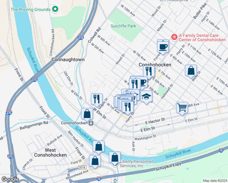 map of restaurants, bars, coffee shops, grocery stores, and more near 213 Maple Street in Conshohocken