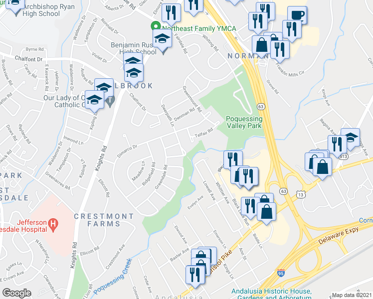map of restaurants, bars, coffee shops, grocery stores, and more near 4435 Deerpath Lane in Philadelphia