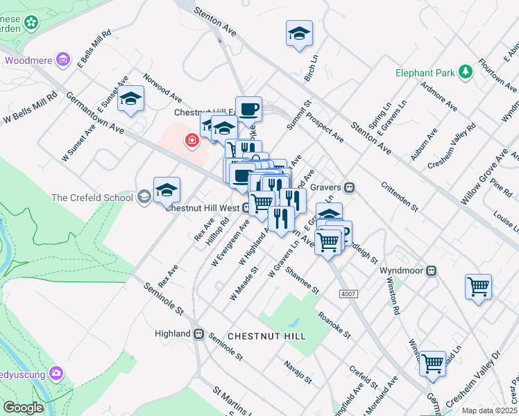 map of restaurants, bars, coffee shops, grocery stores, and more near 8532 Germantown Avenue in Philadelphia