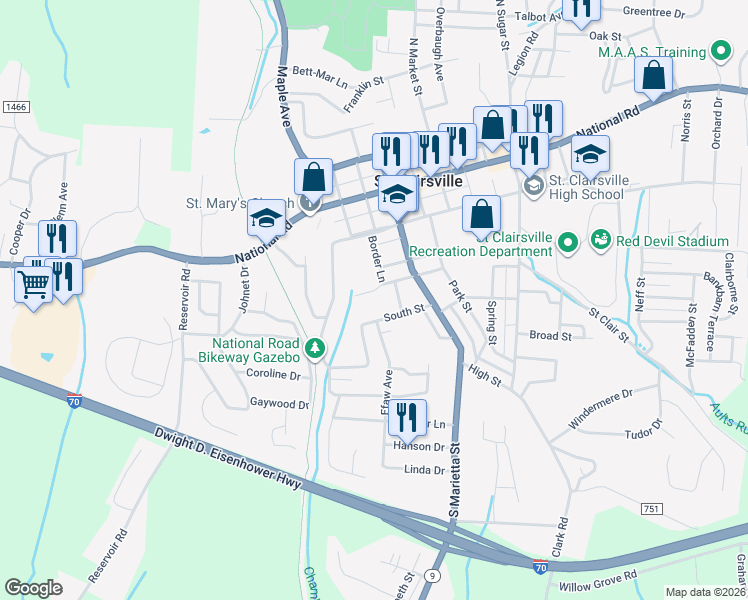 map of restaurants, bars, coffee shops, grocery stores, and more near 206 Bethel Lane in Saint Clairsville