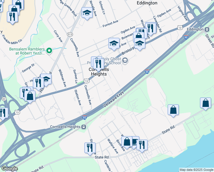 map of restaurants, bars, coffee shops, grocery stores, and more near 912 Williams Avenue in Bensalem