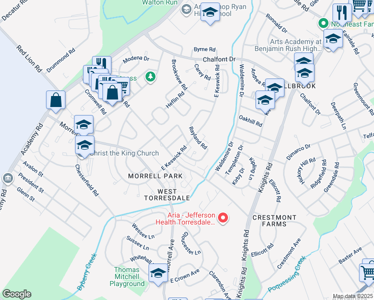 map of restaurants, bars, coffee shops, grocery stores, and more near 3592 Dows Road in Philadelphia
