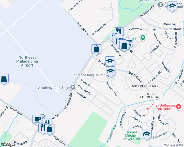 map of restaurants, bars, coffee shops, grocery stores, and more near 3212 Thornbrook Place in Philadelphia
