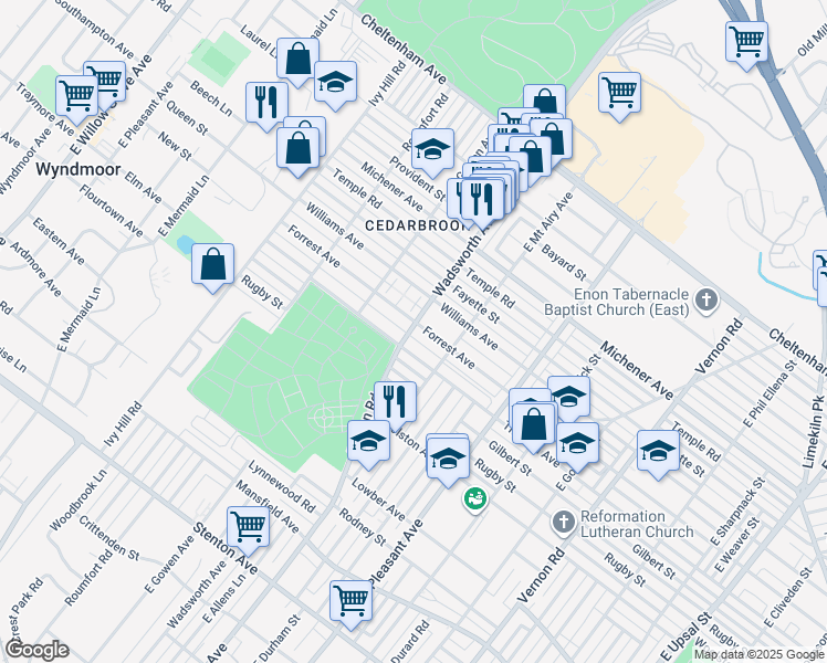 map of restaurants, bars, coffee shops, grocery stores, and more near 8420 Forrest Avenue in Philadelphia