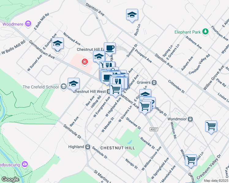 map of restaurants, bars, coffee shops, grocery stores, and more near 183 East Evergreen Avenue in Philadelphia