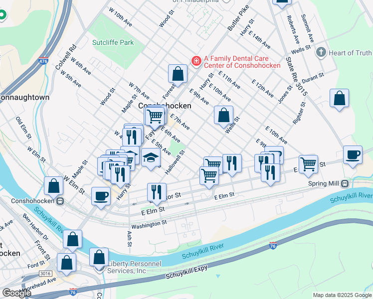 map of restaurants, bars, coffee shops, grocery stores, and more near 140 East 6th Avenue in Conshohocken