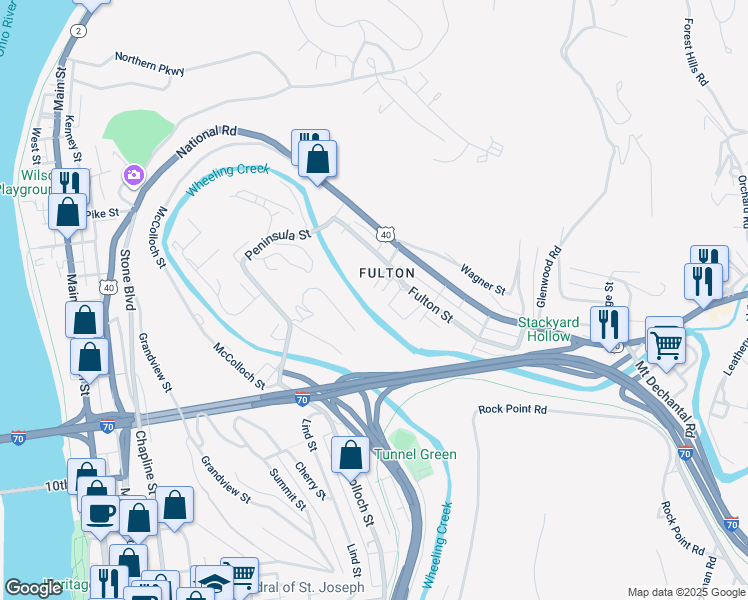 map of restaurants, bars, coffee shops, grocery stores, and more near in Wheeling