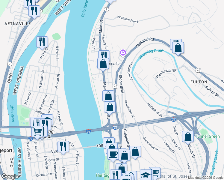 map of restaurants, bars, coffee shops, grocery stores, and more near 608 Market Street in Wheeling