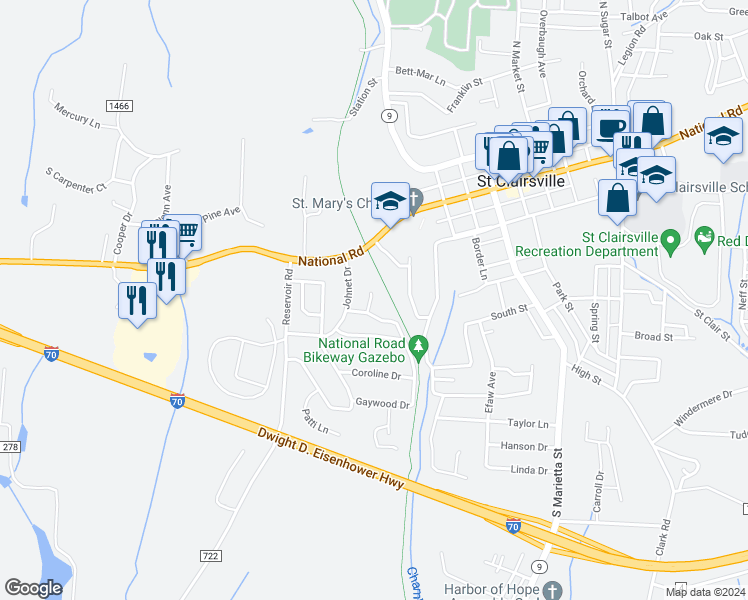 map of restaurants, bars, coffee shops, grocery stores, and more near 339 Johnet Drive in Saint Clairsville
