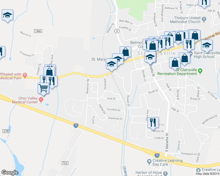 map of restaurants, bars, coffee shops, grocery stores, and more near 339 Johnet Drive in Saint Clairsville