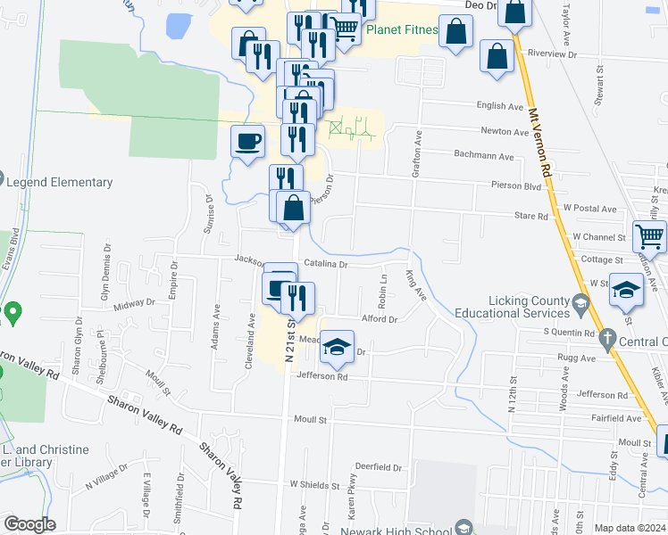 map of restaurants, bars, coffee shops, grocery stores, and more near 1060 Welsh View Drive in Newark