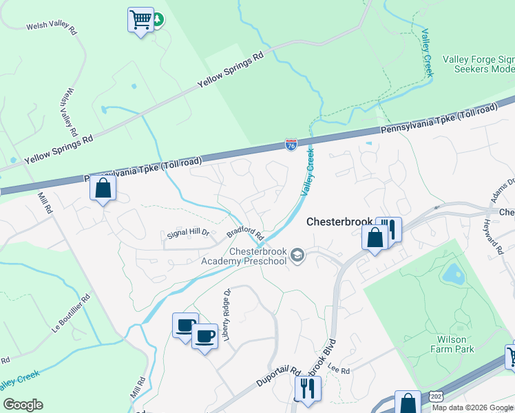 map of restaurants, bars, coffee shops, grocery stores, and more near 315 Valley Stream Lane in Chesterbrook