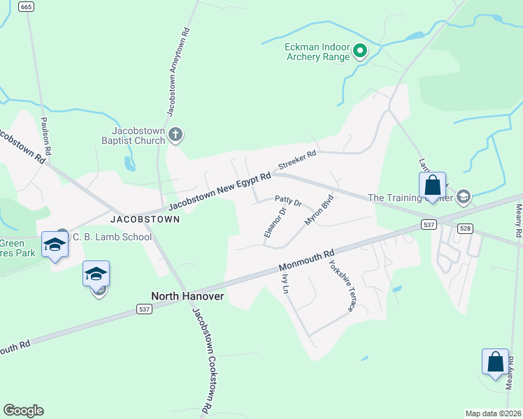 map of restaurants, bars, coffee shops, grocery stores, and more near 15 Patty Drive in Wrightstown