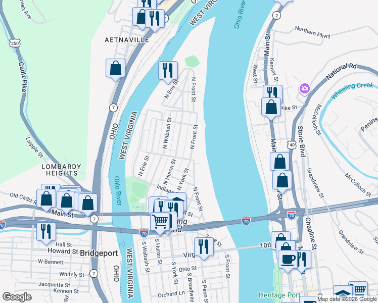 map of restaurants, bars, coffee shops, grocery stores, and more near 424 North Huron Street in Wheeling