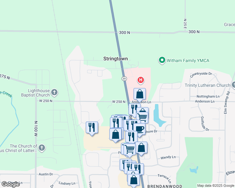 map of restaurants, bars, coffee shops, grocery stores, and more near 2570 Indiana 39 in Lebanon