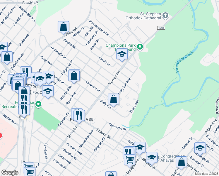 map of restaurants, bars, coffee shops, grocery stores, and more near 8301 Verree Road in Philadelphia