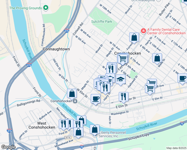 map of restaurants, bars, coffee shops, grocery stores, and more near 213 Maple Street in Conshohocken