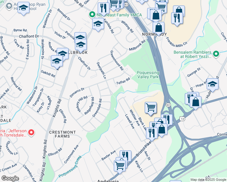 map of restaurants, bars, coffee shops, grocery stores, and more near 4435 Deerpath Lane in Philadelphia