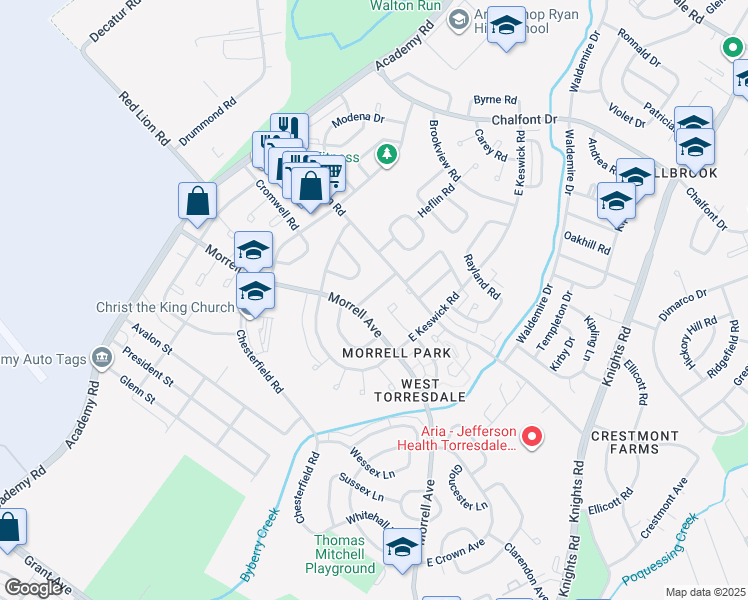 map of restaurants, bars, coffee shops, grocery stores, and more near 10215 Albemarle Lane in Philadelphia