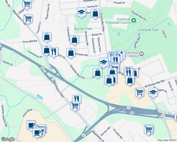map of restaurants, bars, coffee shops, grocery stores, and more near 300 Carerra Drive in Lancaster